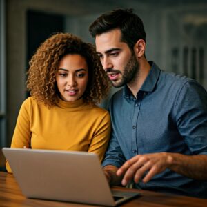 Una mujer y un hombre aprendiendo en el ordenador.