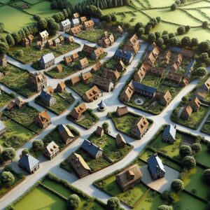 Vista aérea de un pueblo rural.