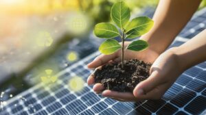 Manos sujetando tierra con una planta con una placa solar debajo