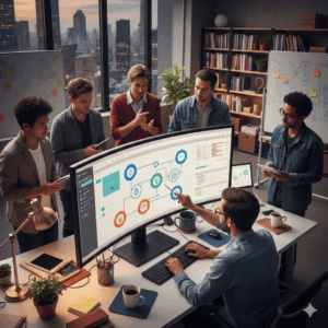 Grupo de personas haciendo una infografía en el ordenador