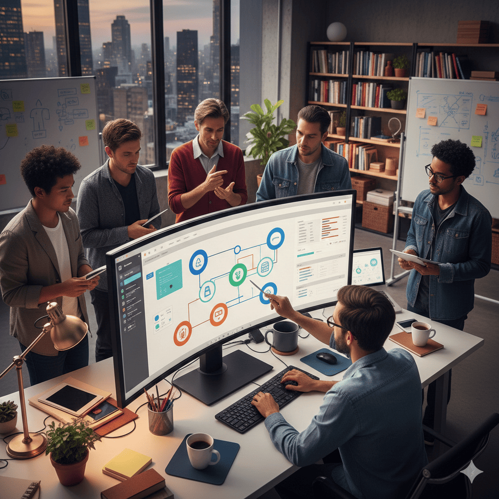 Grupo de personas haciendo una infografía en el ordenador