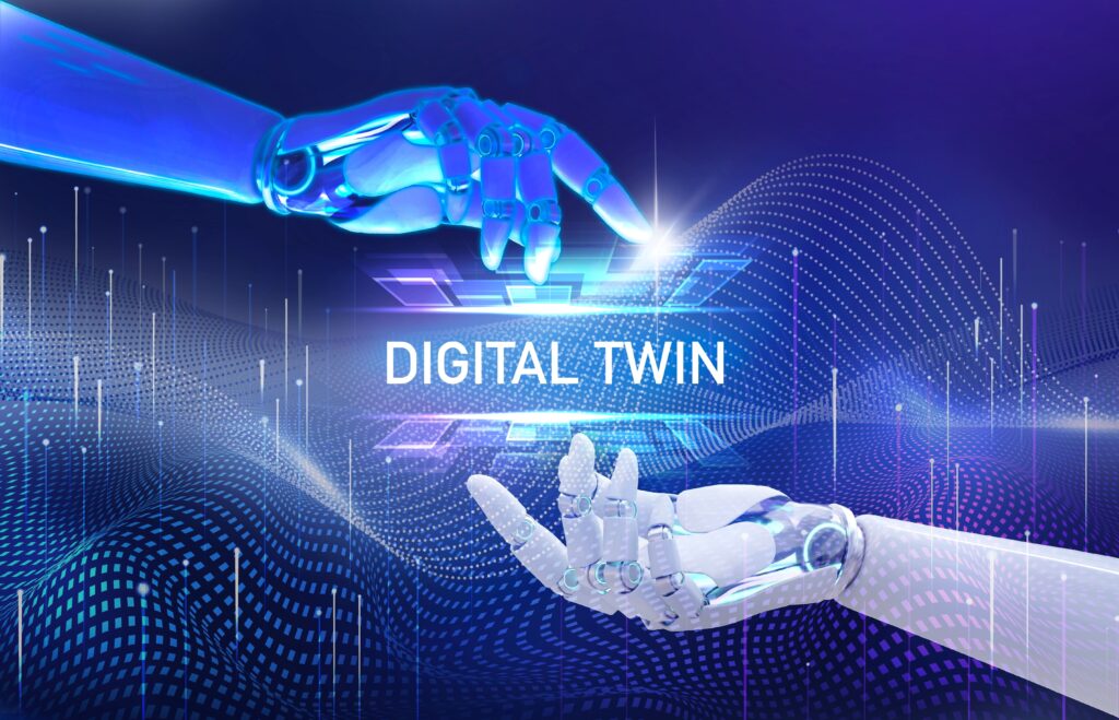 Dos manos de robot conectadas con un cartel de Digital Twin en medio