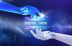Dos manos de robot conectadas con un cartel de Digital Twin en medio